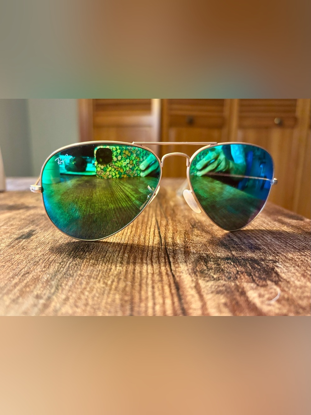 Ray-Ban Gold Frame Aviator Sunglasses with Green-Blue Mirrored Lenses